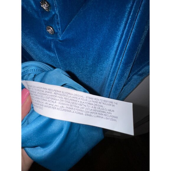 Zara‎ Blue Velvet Spaghetti Strap Midi Dress Size Large Rhinestone Sexy Stretch - Picture 6 of 8